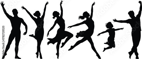 dancers, silhouette, ballet, contemporary, motion, pose, graceful, child, adult, expressive, black, white, dance, movement, performance, elegance, energy, figure, illustration, contrast