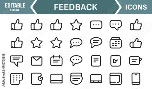Chat and Rating Icons Set – Editable Stroke Vector Collection Representing Review and User Experience