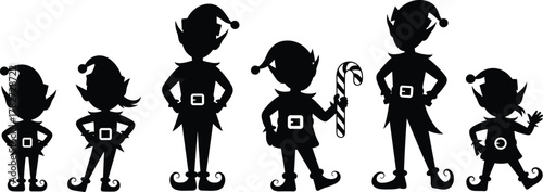 elves, silhouette, black, white, holiday, Christmas, festive, character, pose, candy, cane, hat, shoes, curled, belt, waving, standing, whimsical, decoration, illustration