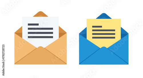 Two colorful envelopes with letters inside a blue and a tan option