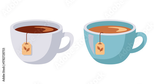 Two colorful mugs of hot tea with tags simple cartoon illustration