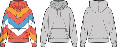Colorful chevron hoodie design, modern fashion template, front and back view, blank apparel mockup, trendy streetwear clothing, customizable sweatshirt illustration
