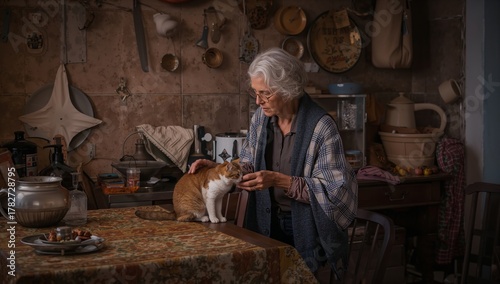 Wallpaper Mural Elderly Woman Interacts With Her Gray Cat in a Cozy Kitchen During Evening Hours Torontodigital.ca