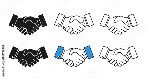 Six variations of a handshake icon showing agreement and partnership