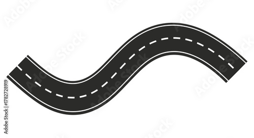 A winding black road with dashed white lane markings simple illustration