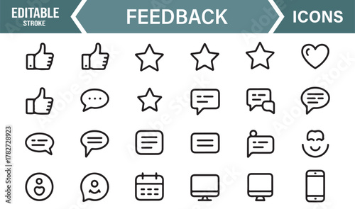 Feedback and Rating Line Icons – Editable Stroke Vector Collection of Chat, Comment, and Review Symbols