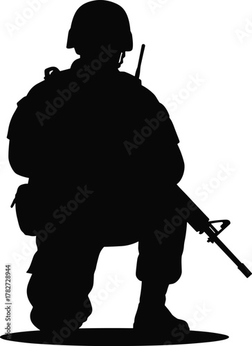 Soldier silhouette, crouching position, military rifle, tactical gear, combat readiness, battlefield concept, army helmet, war preparation, defense strategy, armed forces