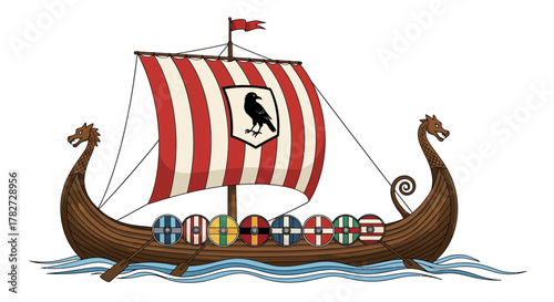 Viking Longship with Shields and Raven Banner.