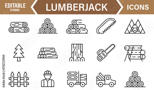 Editable Stroke Woodcut Icons – Vector Line Set Representing Forestry, Logging, and Material Processing