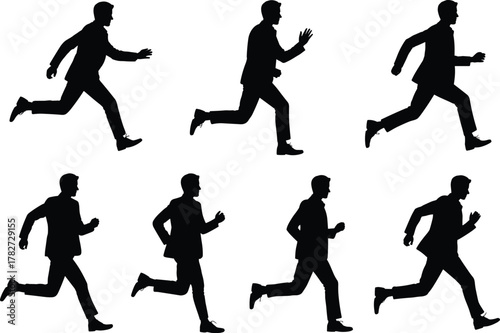 Running motion silhouette sequence of male athlete in profile view – black vector illustration showing biomechanics and phases of human sprint cycle