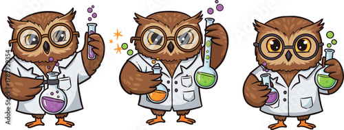 Cute cartoon owl scientists experimenting with colorful chemical potions, adorable intelligent owls wearing lab coats in science laboratory illustration