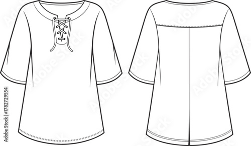 Women's tunic top, technical flat sketch, lace-up neckline, three-quarter sleeve, curved hem, fashion design, apparel template, garment construction, vector illustration, front and back view, clothing