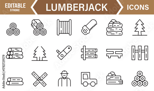 Thin Line Wood Industry Icons – Minimal Vector Collection Featuring Logging, Tools, and Timber Concepts