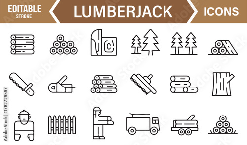 Lumberjack and Forestry Icons – Editable Stroke Vector Set of Tree, Wood, and Chainsaw Symbols