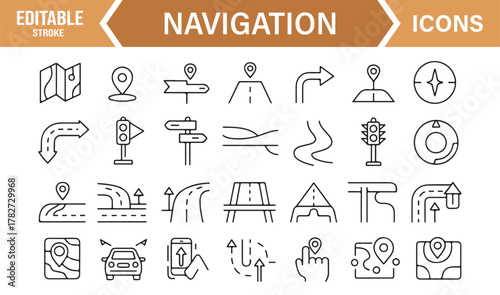 Road and Navigation Line Icons – Vector Collection Featuring Direction, Route, and Location Markers