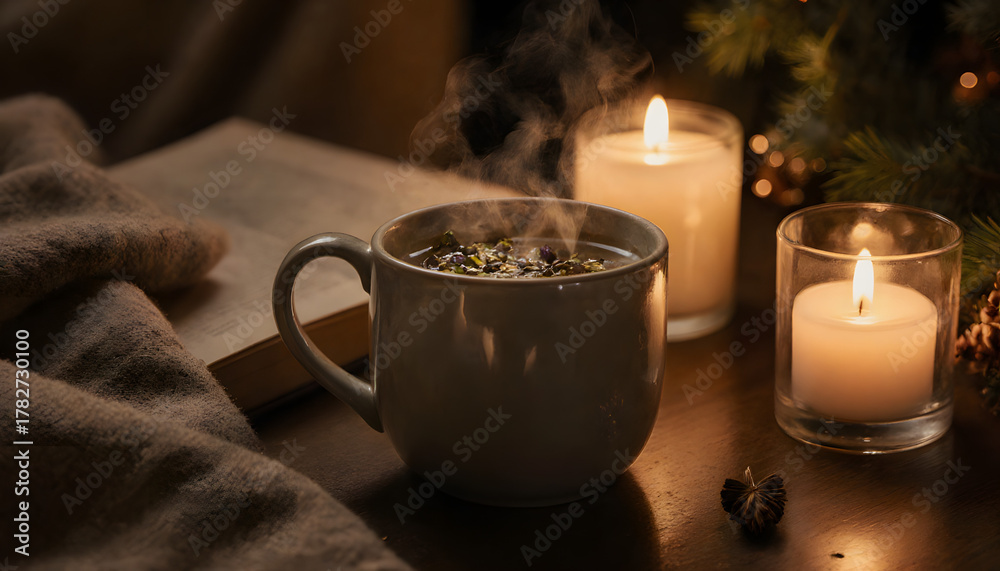 Fototapeta premium Warm cup of herbal tea with steam surrounded by candles and a book 