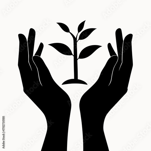 Silhouette of two hands cradling a young plant with leaves in a nurturing gesture on a white background