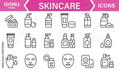 Editable Stroke Cosmetic Icons – Line Art Set Featuring Skincare, Cleanser, and Beauty Containers
