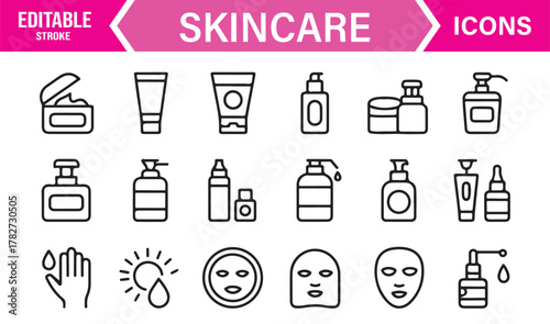Hygiene and Self Care Icons – Thin Line Editable Vector Set of Skincare and Cosmetic Elements