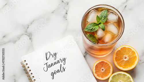 Refreshing drink with mint and citrus on marble table for Dry January Challenge  