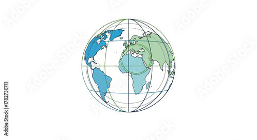 Wireframe Globe Showing Continents and Oceans.