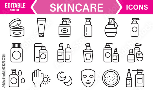 Editable Stroke Skincare and Hygiene Icons – Vector Outline Symbols for Cosmetic and Spa Design