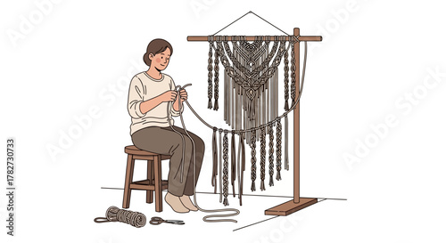 Woman creating macrame wall hanging on a stand.