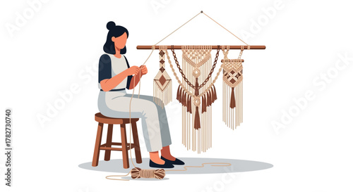 Woman crafting macrame wall hanging.