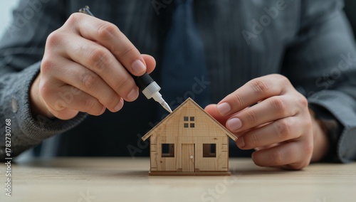 Crafting a Miniature Wooden House Model on a Wooden Table in a Cozy Indoor Space