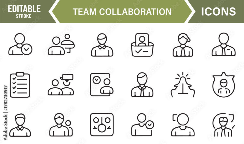 Fototapeta premium Editable Stroke Line Icons – Team, Leader, and Communication Symbols for Business and Office Projects