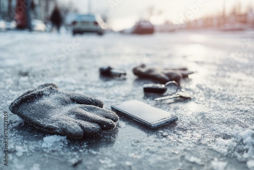 frozen pavement with a smartphone, gloves and keys scattered on the ice