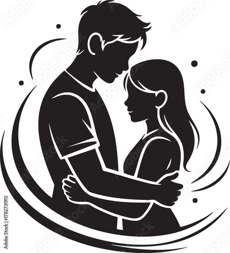 Black silhouette of a couple embracing with decorative swirls