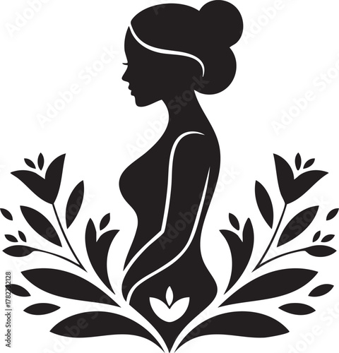 Black silhouette of a woman with flowers and leaves