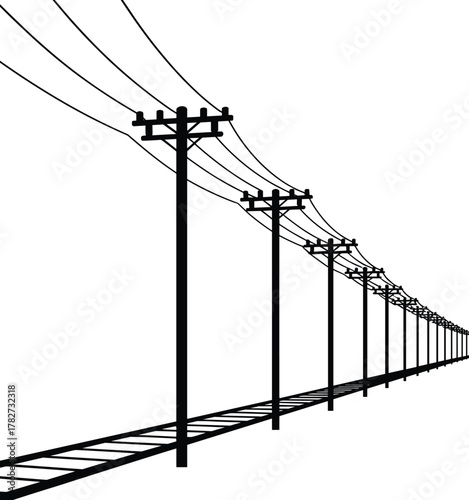 Utility poles with power lines in linear perspective black silhouette vector for infrastructure, geometry, depth illustration, and educational design projects