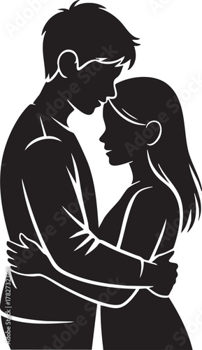 Couple embracing forehead to forehead silhouette embrace
