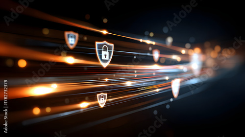 a secure digital data transfer with encrypted data streams flowing between devices. Including lock icons, shields, and glowing data paths to emphasize security, cybersecurity concept
