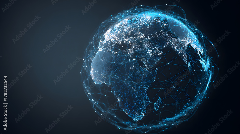 Obraz premium The globe is illuminated with digital connections, showcasing global data networks in a striking blue color against a dark background
