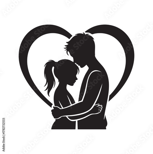 Couple embracing inside a heart silhouette love embrace