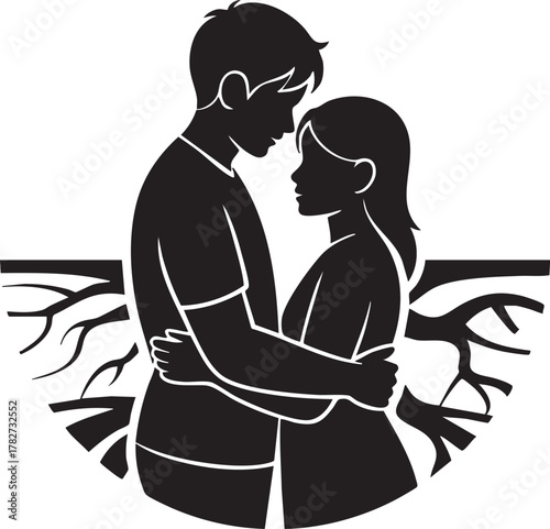 Couple embracing with roots below embrace love