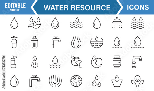 Editable Stroke Water Theme Icons – Thin Line Collection for Ecology, Nature, and Environment