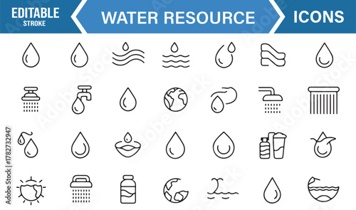 Water Supply and Filtration Outline Icons – Editable Vector for Infographics and Design Projects
