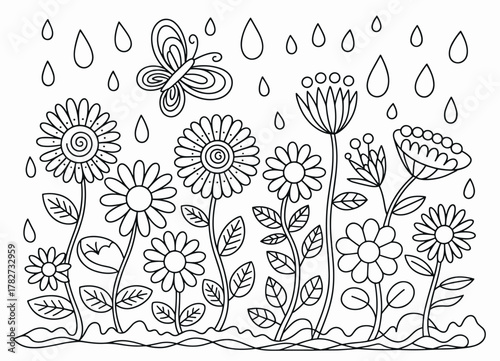 Black and white outline drawing of a garden with flowers, a butterfly and raindrops Keywords: garden, flowers, butterfly, raindrops, nature, spring