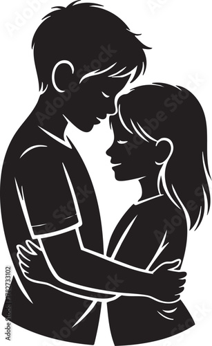 Silhouette of a boy and girl embracing affectionately