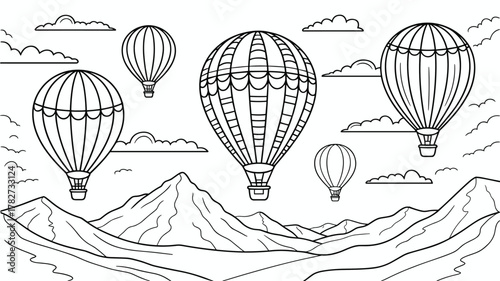 Black and white outline drawing of hot air balloons flying over mountains and clouds Keywords: hot air balloon, airship, flight, travel, adventure