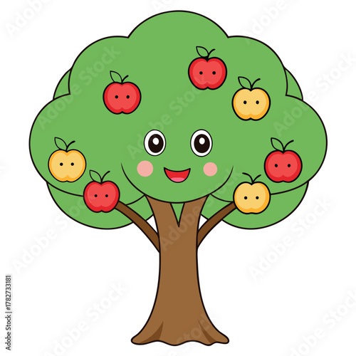 Happy Cartoon Apple Tree with Smiling Face and Fruit