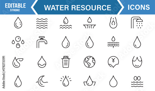 Water Drop Line Icons – Minimalist Editable Stroke Vector Collection for Clean Water and Sustainability Projects