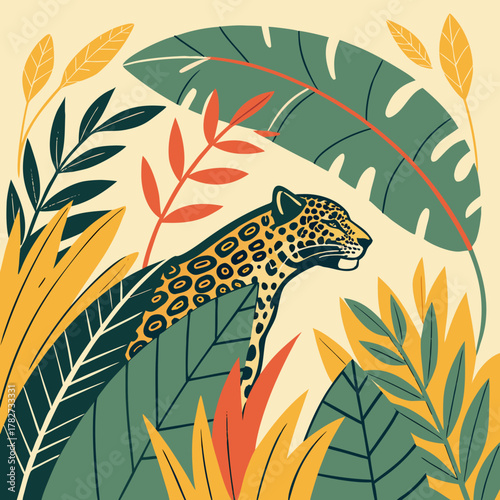 A jaguar peers out from the lush jungle foliage, a colorful illustration