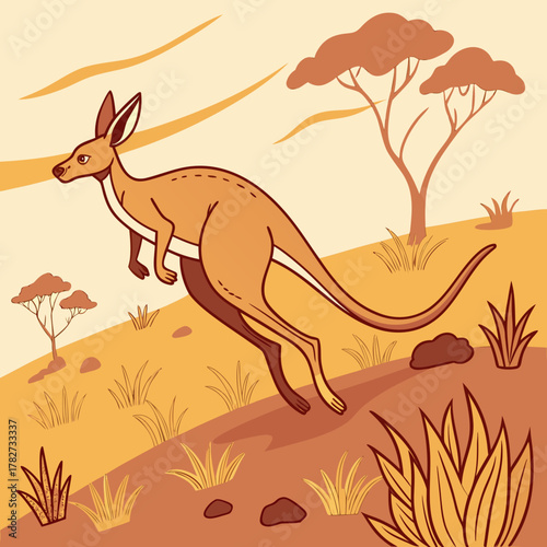 A kangaroo is jumping in the outback with trees and grass in the background