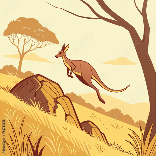 A kangaroo leaps over rocks in a sunny, grassy field with trees around