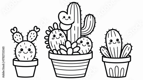 Three cute cartoon outline cacti with smiling faces in pots Keywords: cactus, plant, succulent, potted plant, cute, cartoon, kawaii, smiling, happy